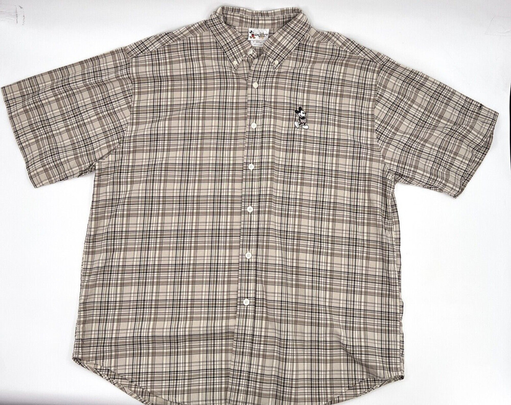 Disney World Mickey Mouse Shirt mens Extra Large Brown Plaid Short Sleeve Button